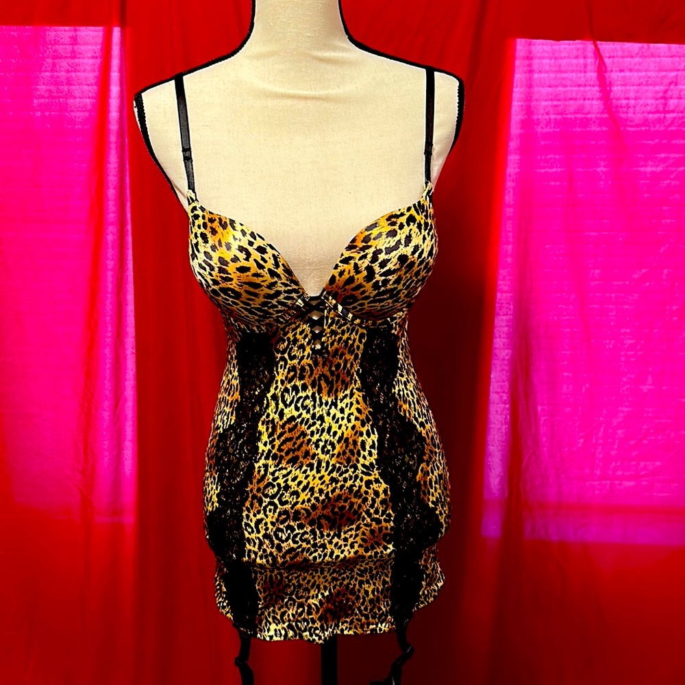 3 piece teddy set with attached garter belt by Victoria’s Secret.